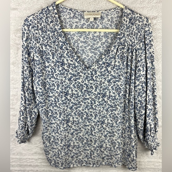 CYNTHIA ROWLEY Blouse Cottagecore Blue Floral Ditzy Top Medium - Picture 1 of 15